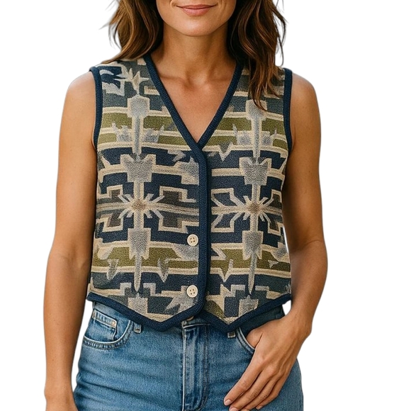Vintage Country Southwestern Blue Geometric Patterned Vest - Picture 1 of 6
